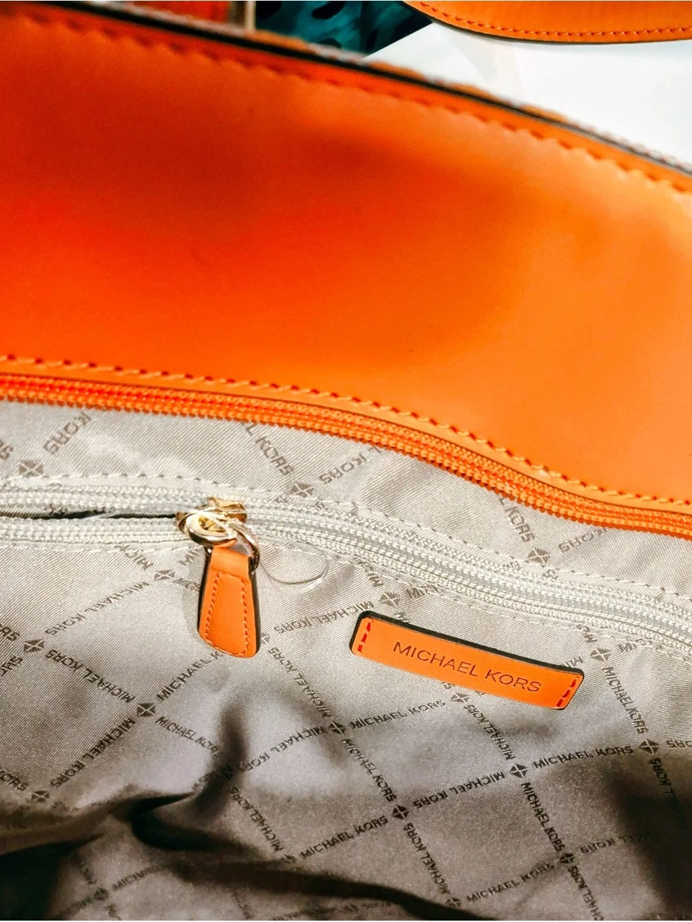 MICHAEL KORS Orange MK Logo Canvas Tote with Leather Trim